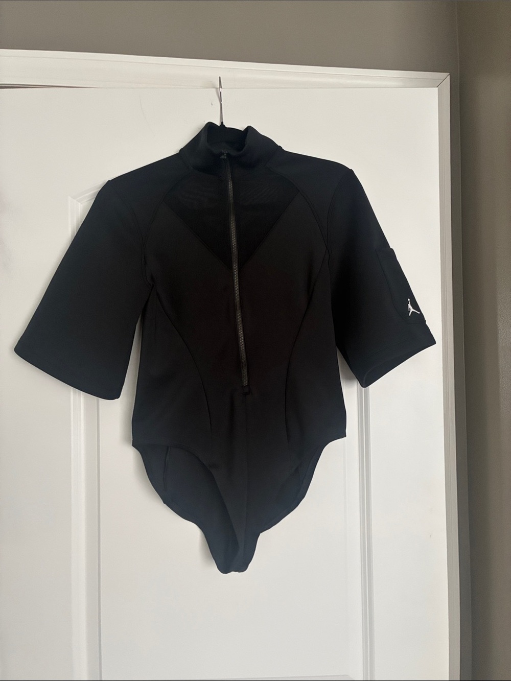Jordan Black Short-Sleeve Front-Zip Bodysuit with Mesh Yoke